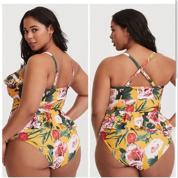 Torrid Floral Print Ruffled Peplum One-Piece Swimsuit